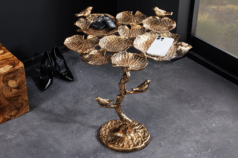 Table d'appoint intérieure et extérieure BIRDS 65 cm en laiton antique, design feuille, sculpture d'oiseau résistante aux intempéries