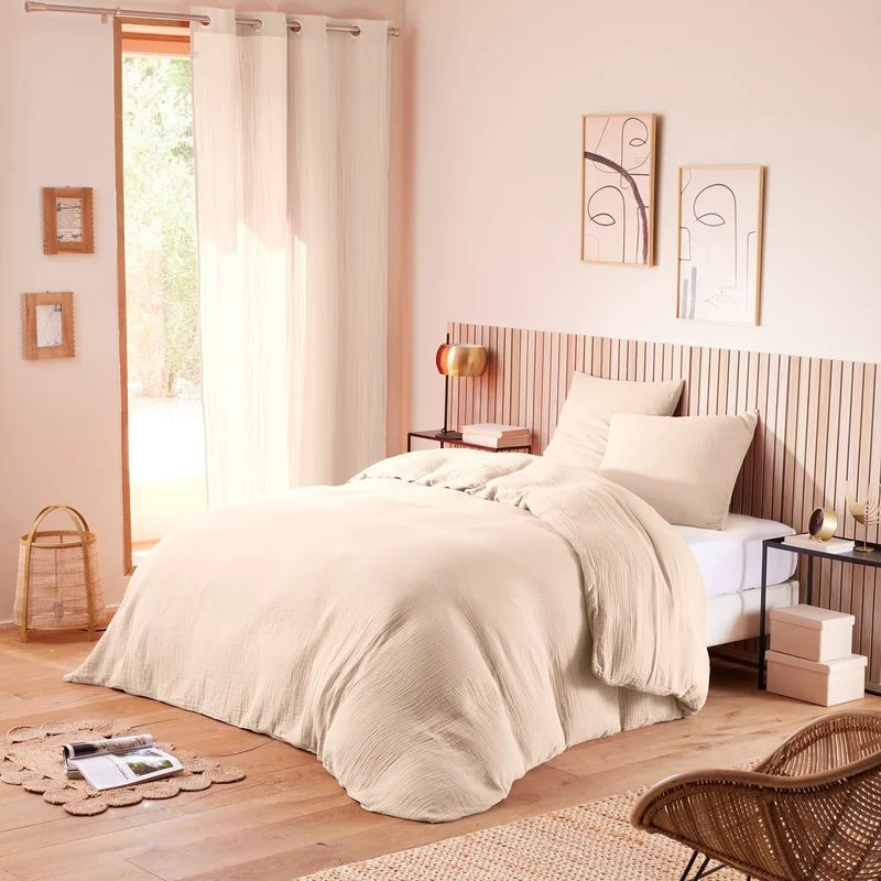 Pack 3 pièces Housse de couette - 260x240cm + 2 taies d'oreiller 65X65cm gaze de coton Naturel