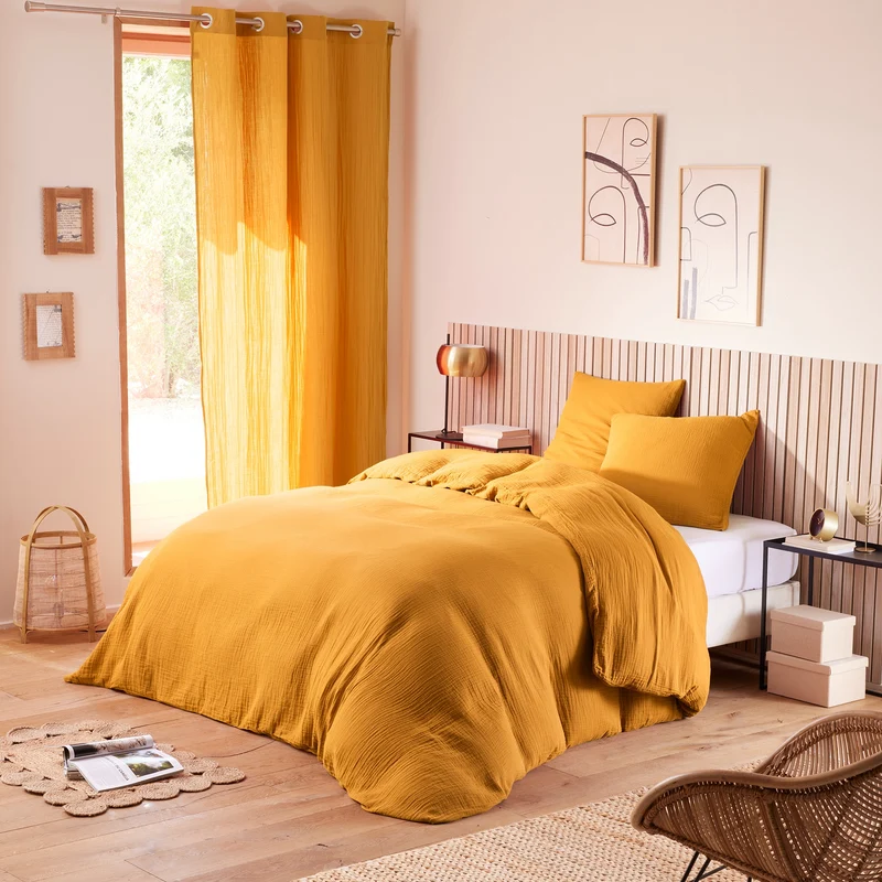 Pack 3 pièces Housse de couette - 240x220cm + 2 taies d'oreiller 65X65cm gaze de coton Curry