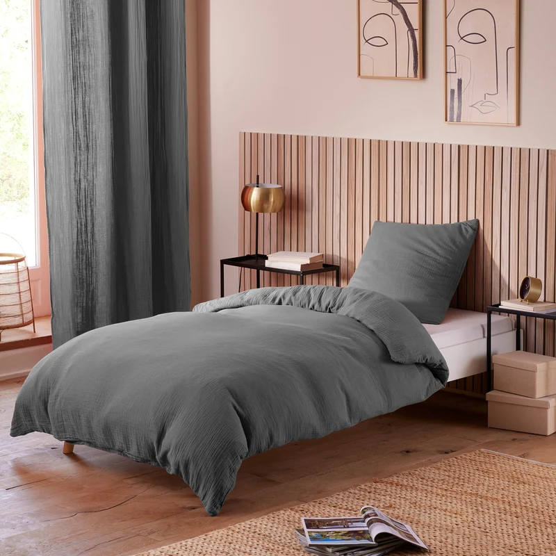 Pack 2 Pièces Housse de couette - 140x200cm + 1 taie d'oreiller 65X65cm gaze de coton Ardoise