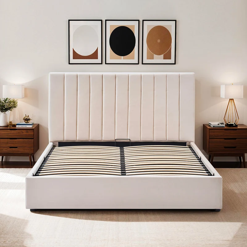 Lit coffre Giulia en velours beige