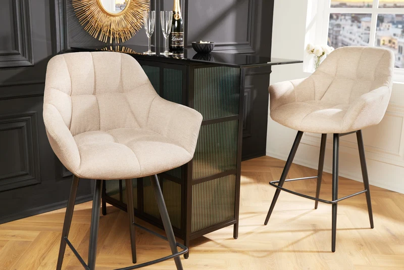 Tabouret de bar pivotant PAPILLON chaise de bar beige champagne avec dossier pieds en métal noir