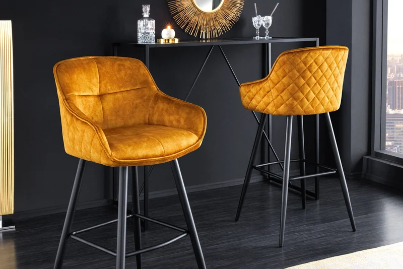 Tabouret de bar design EUPHORIA velours jaune moutarde pieds métal noir chaise de bar avec dossier