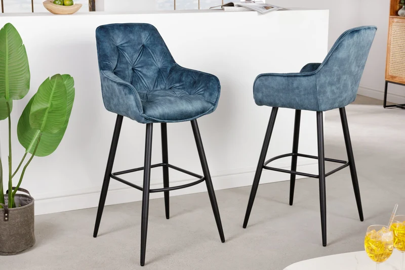 Tabouret de bar design MILANO chaise de bar en velours pétrole avec dossier en métal noir
