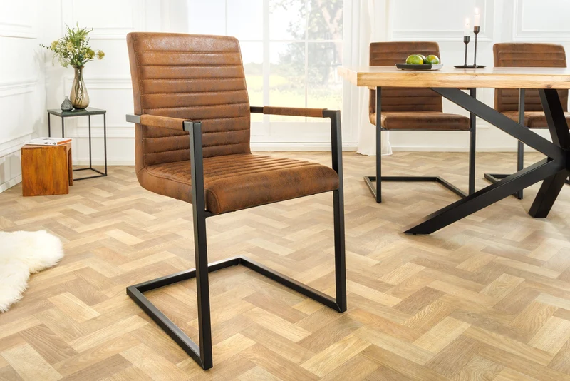 Lot de 2x chaises cantilever industrielle LOFT vintage en microfibre marron avec accoudoirs en acier inoxydable