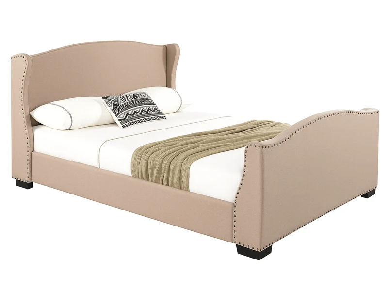 Lit capitonné Christelle en tissu gris avec tête de lit cloutée – Sommier à lattes inclus