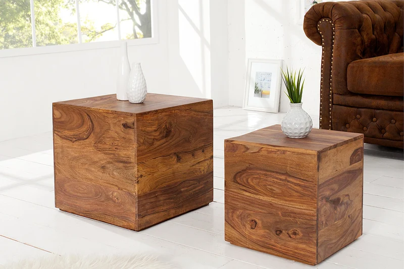Lot de 2 tables d'appoint cube MAKASSAR 40cm bois massif de Sheesham marron finition pierre