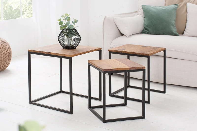 Lot de 3 tables d'appoint ELEMENTS 40cm bois massif de Sheesham marron finition pierre métal