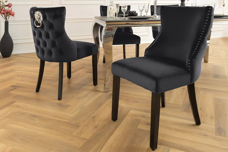 Lot de 2x fauteuils Chesterfield CASTLE DELUXE en velours noir avec rivets tête de lion