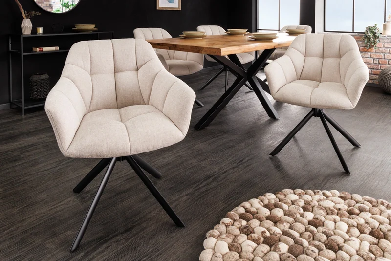 Lot de 2x fauteuils pivotant PAPILLON beige champagne, coutures décoratives, structure en métal noir, avec accoudoirs