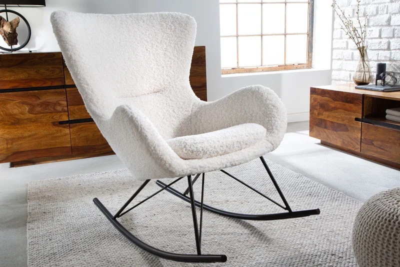 Fauteuil à bascule design SCANDINAVIA SWING blanc bouclé fauteuil métal noir