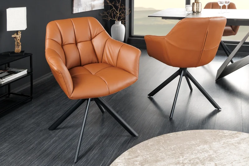 Lot de 2x fauteuils pivotant PAPILLON en cuir véritable cognac avec accoudoirs, structure noire