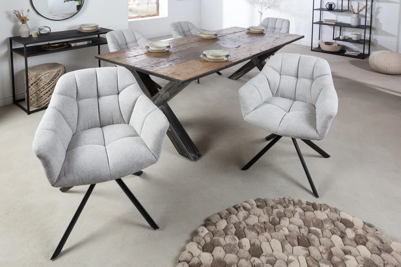 Lot de 2x fauteuils pivotant PAPILLON en tissu texturé gris clair avec accoudoirs, coutures décoratives, structure noire