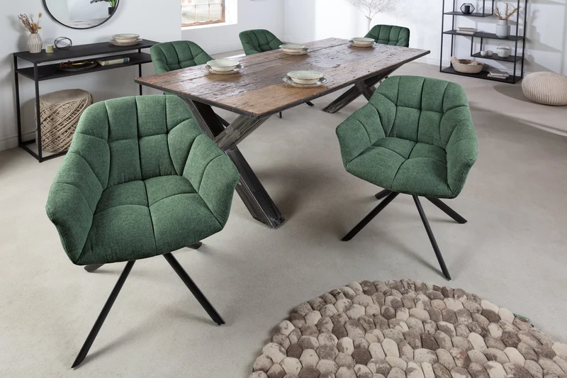 Lot de 2x fauteuils pivotant PAPILLON en tissu texturé vert foncé avec accoudoirs, coutures décoratives, structure noire