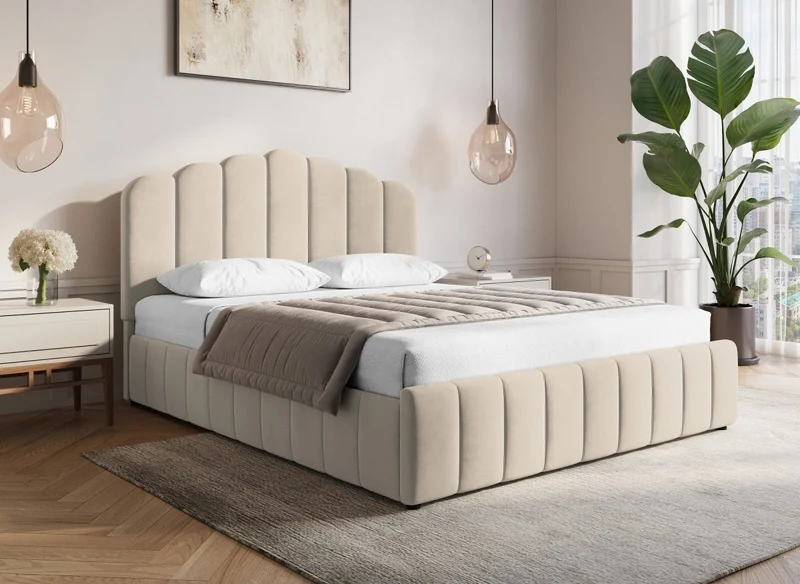 Lit coffre en velours beige 180x200 cm ELVIRA