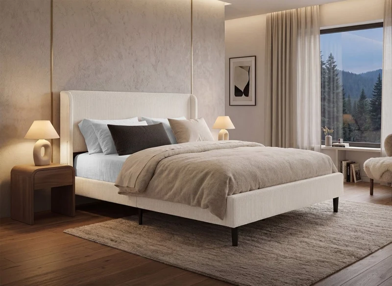 Lit double en velours côtelé épais beige 140x190cm LEVY