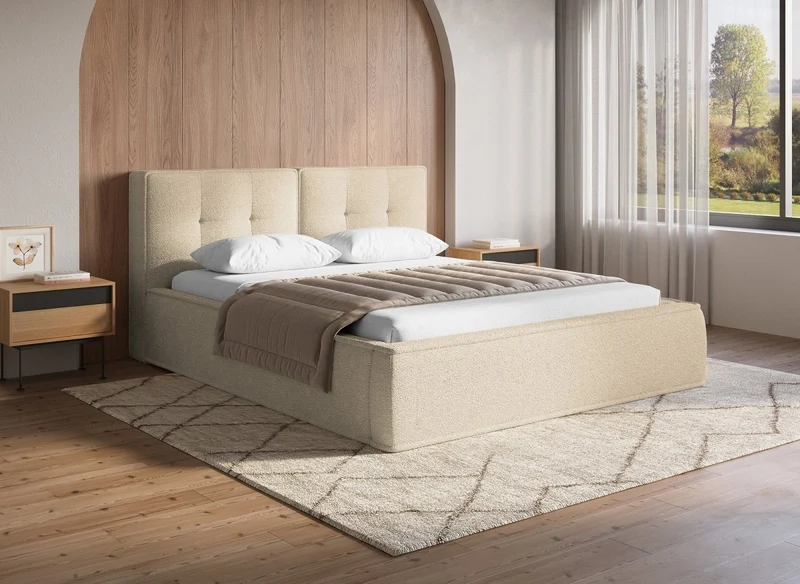 Lit double en tissu bouclette beige 160x200cm YUNA