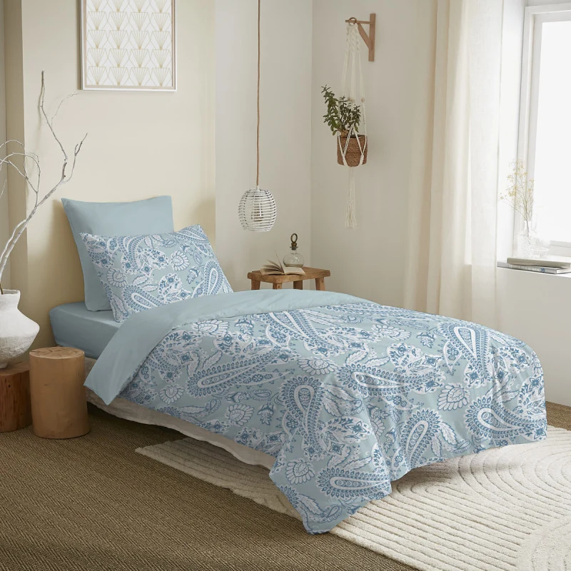 Pack 4 pièces Housse de couette réversible 90 x 190 cm - 100% coton / 57 fils/cm² - Cachemire bleu