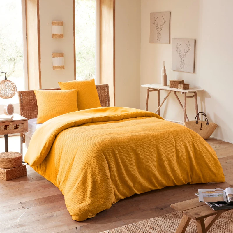 Pack 3 Pièces Housse de couette 260x240cm + 2 taies d'oreiller 65X65cm - nid d'abeille - Curry