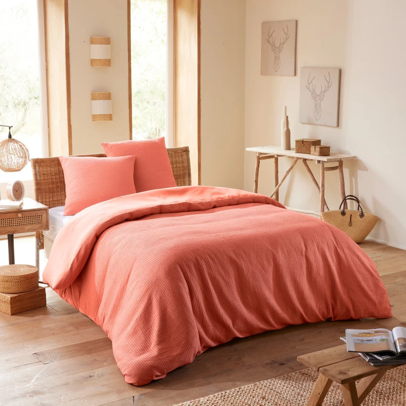 Pack 3 Pièces Housse de couette 260x240cm + 2 taies d'oreiller 65X65cm nid d'abeille - Blush