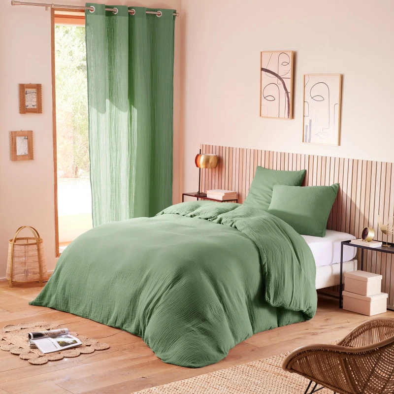 Pack 4 Pièces Housse de couette Gaze de Coton 260 x 240 cm - Olive