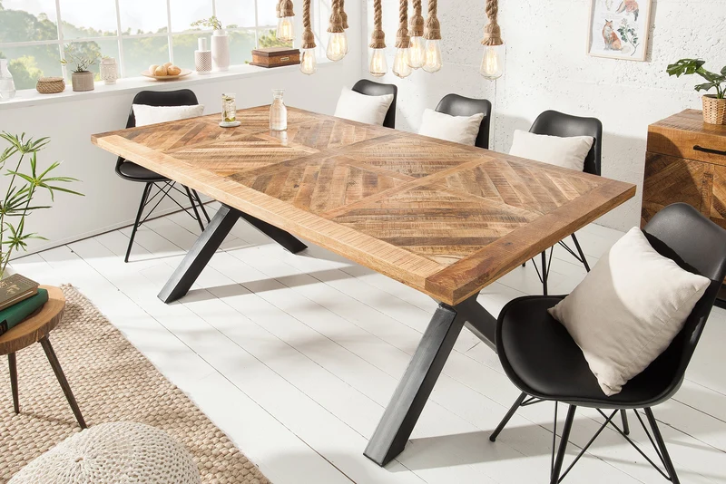 Table à manger solide INFINITY HOME 160 cm en bois de manguier noir naturel design industriel cadre en X