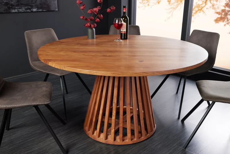 Table à manger ronde MAISON JADE 130cm piètement pilier en bois massif d'acacia naturel