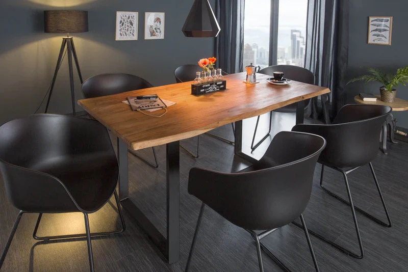 Table à manger en bois massif MAMMUT 160 cm en acacia sauvage design industriel plateau de table 2,6 cm bord d'arbre