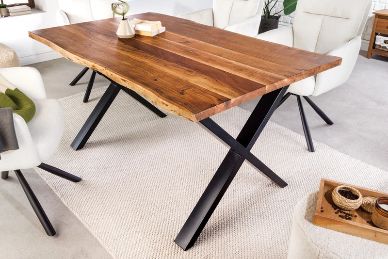 Table à manger en bois massif MAMMUT 160cm bord acacia structure X design industriel plateau 2,6 cm