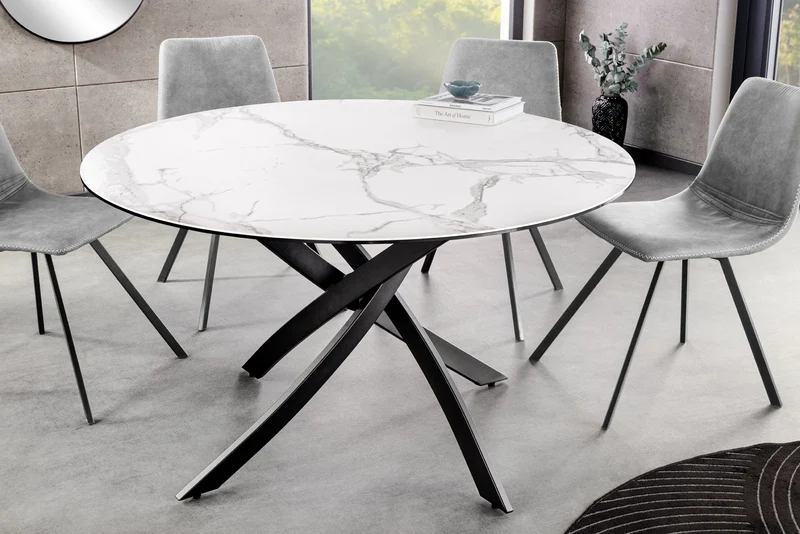 Table à manger ronde ALPINE 120cm marbre blanc céramique structure métal noir