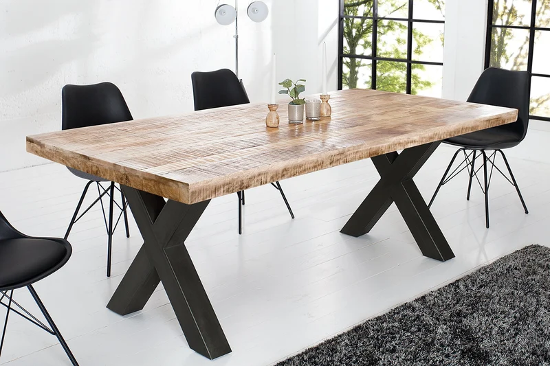 Table à manger solide IRON CRAFT 200cm en bois de manguier naturel design industriel structure en X métal noir