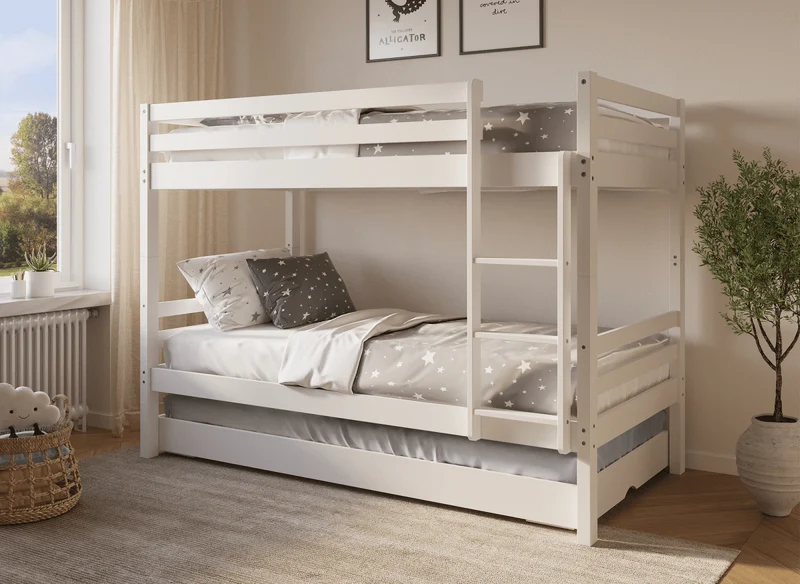 Lit superposé gigogne 3 couchages en bois blanc LEOPAUL 90 x 190 cm