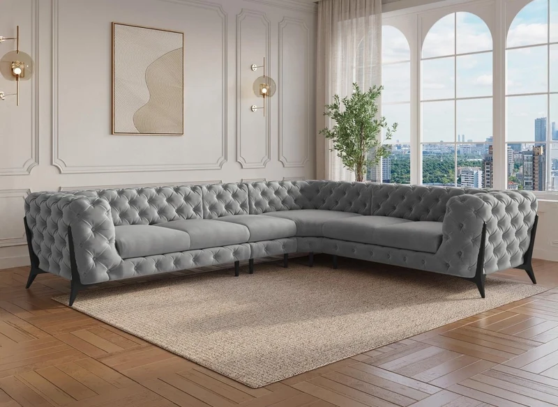 Canapé capitonné chesterfield d'angle réversible en velours gris CARMEN