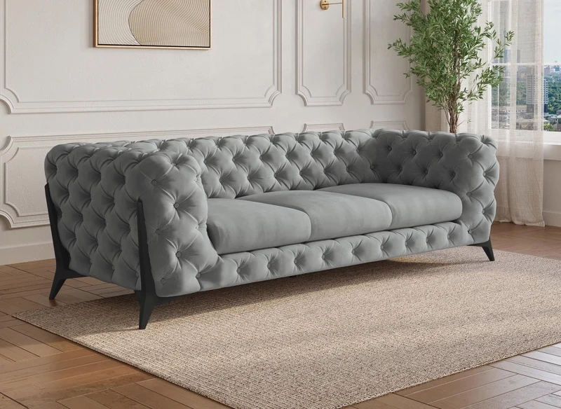 Canapé fixe 3 places capitonné chesterfield velours gris CARMEN