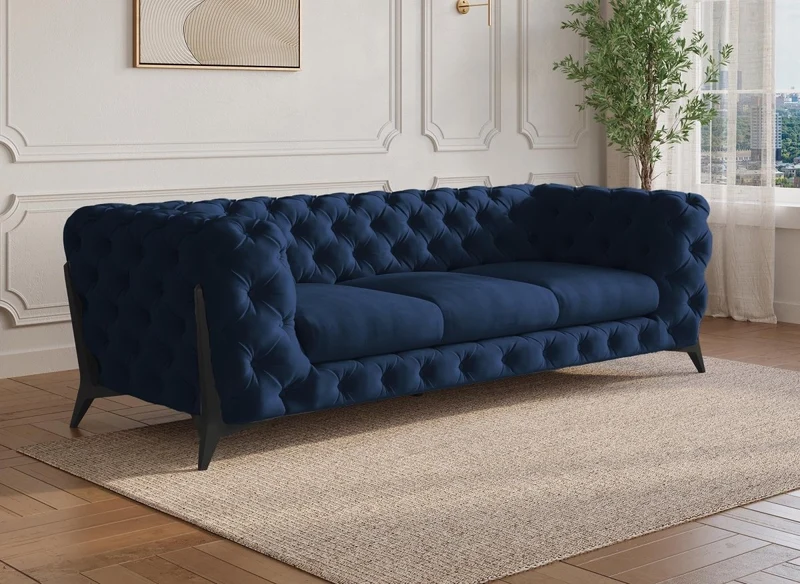 Canapé fixe 3 places capitonné chesterfield velours bleu CARMEN