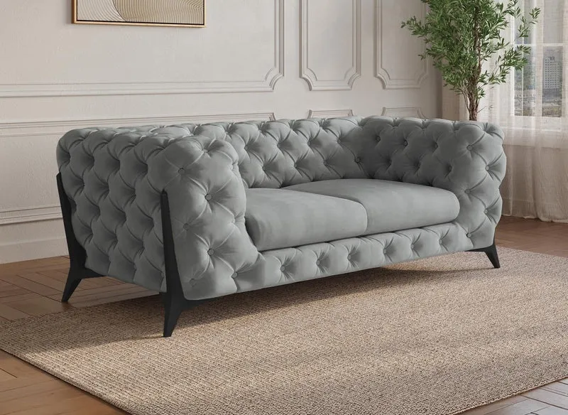 Canapé fixe 2 places capitonné chesterfield velours gris CARMEN