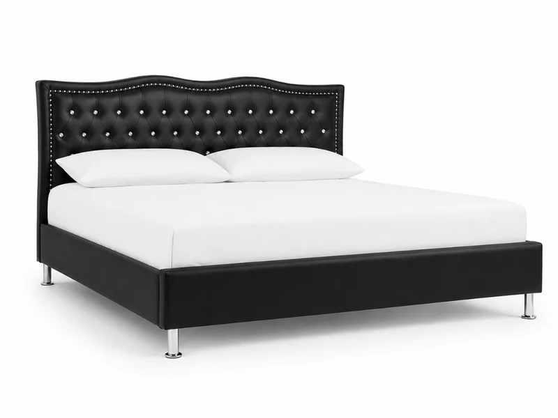 Lit capitonné Majestic en similicuir – tête de lit ondulée avec strass et clous décoratifs