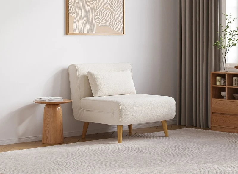 Fauteuil convertible en tissu effet peau de mouton blanc écru TONKA