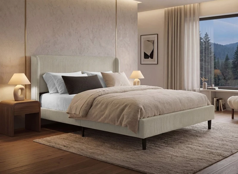 Lit double en velours côtelé épais taupe 160x200cm LEVY