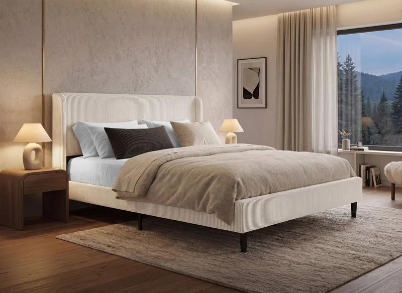 Lit double en velours côtelé épais beige 160x200cm LEVY