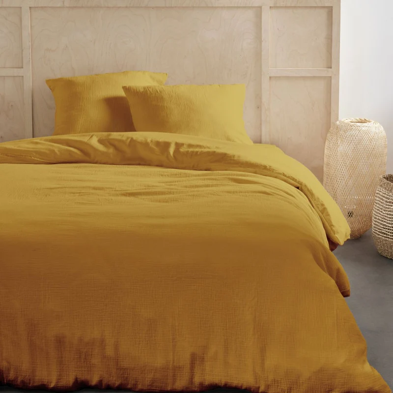 Pack 3 pièces Housse de couette 240 x 220 cm + 2 Taies d'oreiller 65 x 65 cm Gaze de Coton Ocre