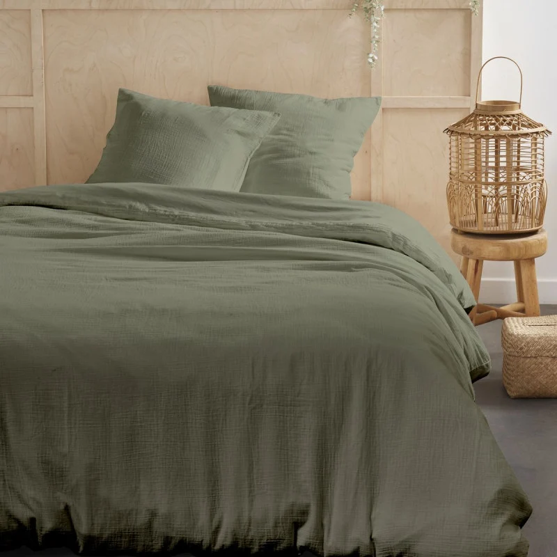 Pack 3 pièces Housse de couette 240 x 220 cm + 2 Taies d'oreiller 65 x 65 cm Gaze de Coton Sauge