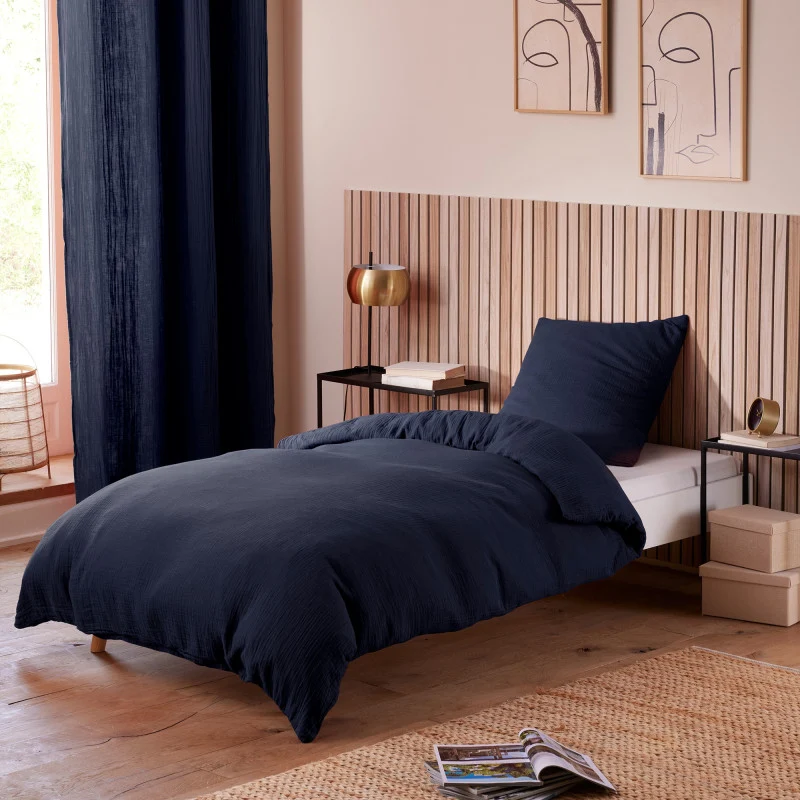 Pack 3 pièces Parure de Draps - Dh 90 Gaze de Coton Bleu nuit