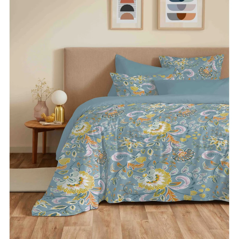 Pack Complet Housse de couette Imprimé 240 x 260 cm - Drap housse 180 x 200 cm King Size - 100% coton / 57 fils/cm²- BERGAME TURQUOISE