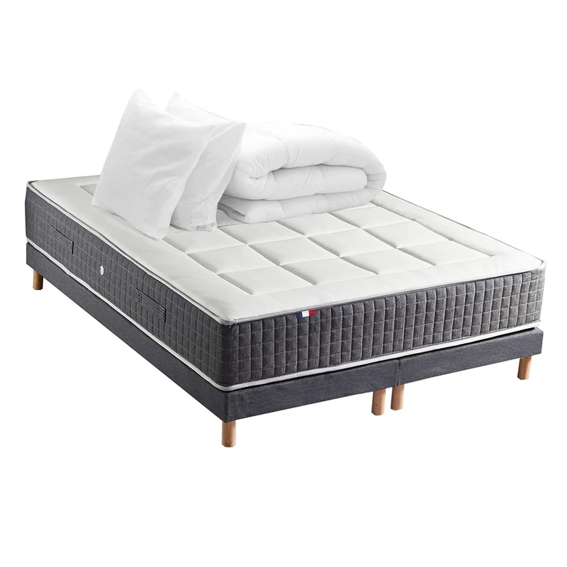 Pack matelas 30 cm 7 zones sommier bleu couette oreillers 180x200 cm