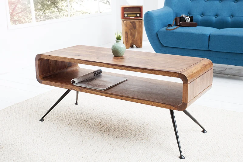 Table basse rétro ALPHA 100cm bois massif de Sheesham marron finition pierre pieds métal noir