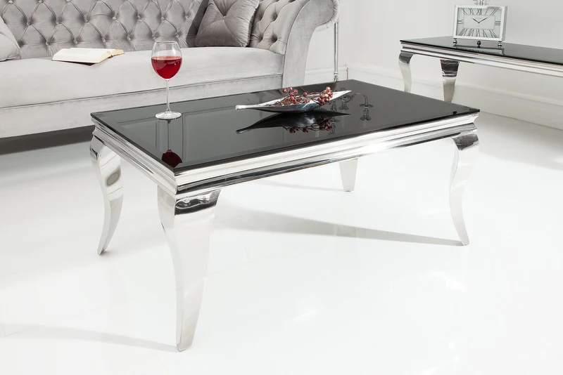 Table basse élégante MODERN BAROQUE 100cm argent avec verre opale noir