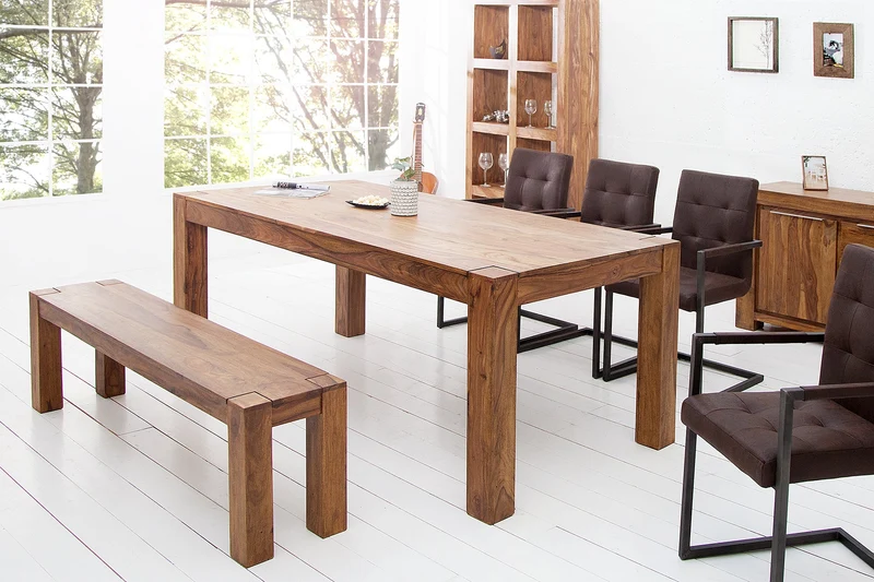 Table à manger rectangulaire en bois massif MAKASSAR 200 cm, finition pierre de Sheesham marron, pieds en bois