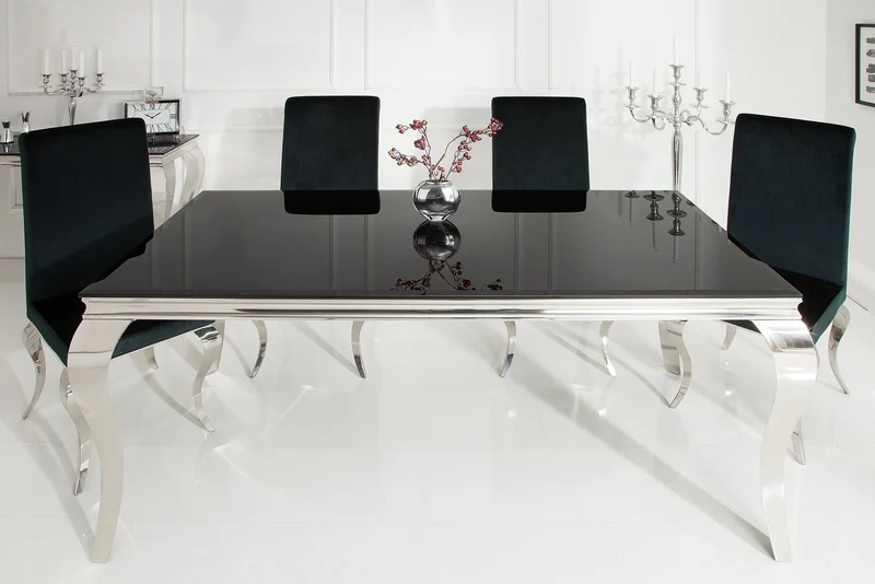 Table à manger design élégant MODERNE BAROQUE 180cm plateau en verre opale en acier inoxydable noir