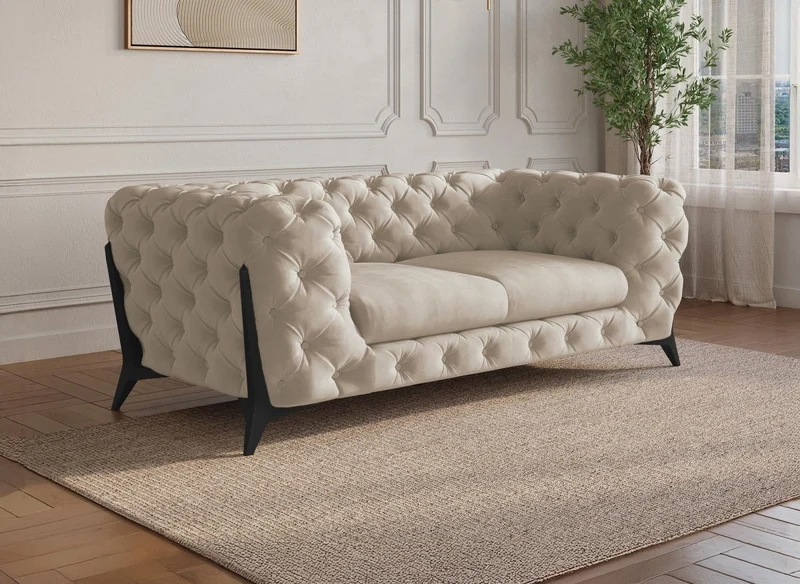 Canapé fixe 2 places capitonné chesterfield velours beige CARMEN